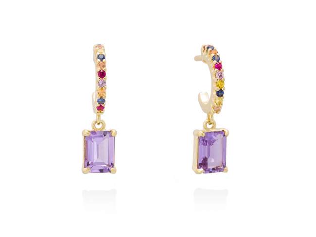 Earrings NIZA purple in golden silver de Marina Garcia Joyas en plata Earrings in 18kt yellow gold plated 925 sterling silver with multicolor cubic zirconia and synthetic stone in amethist color. (size: 2 cm.)