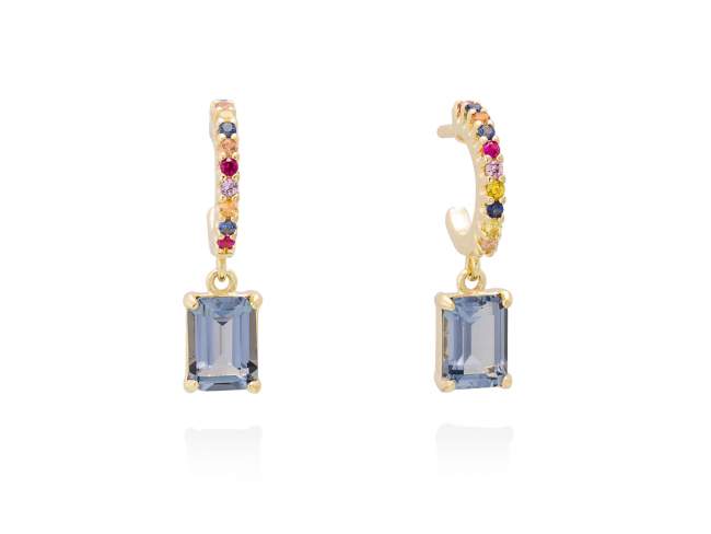Earrings NIZA blue in golden silver de Marina Garcia Joyas en plata Earrings in 18kt yellow gold plated 925 sterling silver with multicolor cubic zirconia and synthetic stone in blue color. (size: 2 cm.)