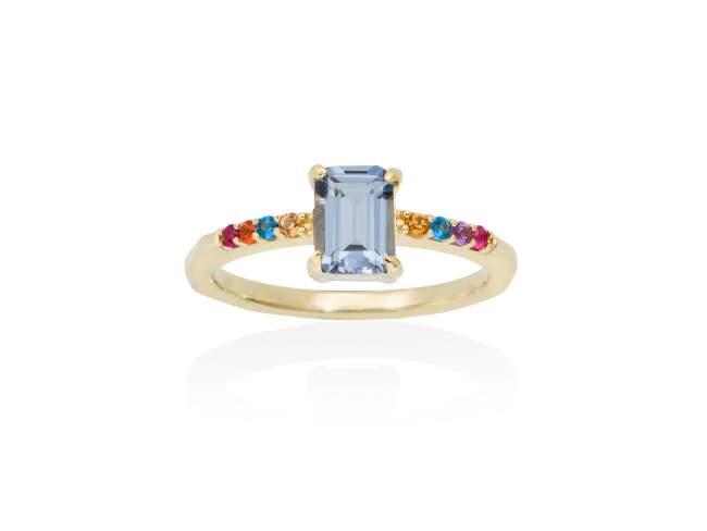 Ring NIZA blue in golden silver de Marina Garcia Joyas en plata Ring in 18kt yellow gold plated 925 sterling silver with multicolor cubic zirconia and synthetic stone in blue color.  