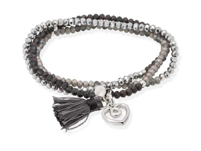 Bracelet ZEN CARBÓN with Love charm de Marina Garcia Joyas en plata Bracelet in 925 sterling silver rhodium plated, with elastic silicone band and faceted strass glass, with Love charm. Medium size 17 cm. (51 cm total)