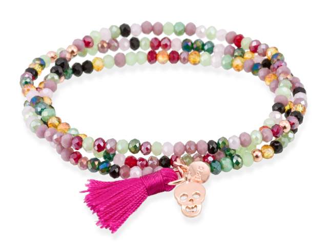Bracelet ZEN TOURMALINE with skull charm de Marina Garcia Joyas en plata Bracelet in 925 sterling silver plated with 18kt rose gold, with elastic silicone band and faceted strass glass, with skull charm. Large size 18 cm. (54 cm total)