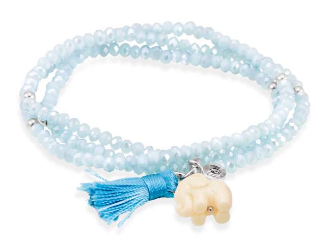 Bracelet ZEN AQUAMARINE with elephant de Marina Garcia Joyas en plata Bracelet in 925 sterling silver rhodium plated, with elastic silicone band and faceted strass glass, with resin elephant. Medium size 17 cm. (51 cm total)