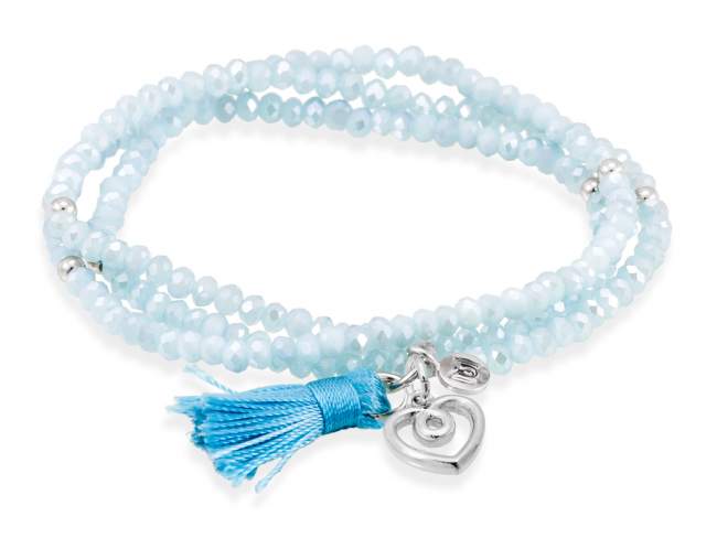 Bracelet ZEN AQUAMARINE with Love charm de Marina Garcia Joyas en plata Bracelet in 925 sterling silver rhodium plated, with elastic silicone band and faceted strass glass, with Love charm. Medium size 17 cm. (51 cm total)