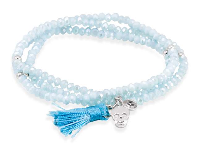 Bracelet ZEN AQUAMARINE with skull charm de Marina Garcia Joyas en plata Bracelet in 925 sterling silver rhodium plated, with elastic silicone band and faceted strass glass, with skull charm. Large size 18 cm. (54 cm total)