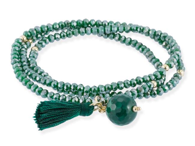 Bracelet ZEN DARK GREEN with gemstone de Marina Garcia Joyas en plata Bracelet in 925 sterling silver plated with 18kt yellow gold, with elastic silicone band and faceted strass glass, with Green Quartz. Medium size 17 cm. (51 cm total)