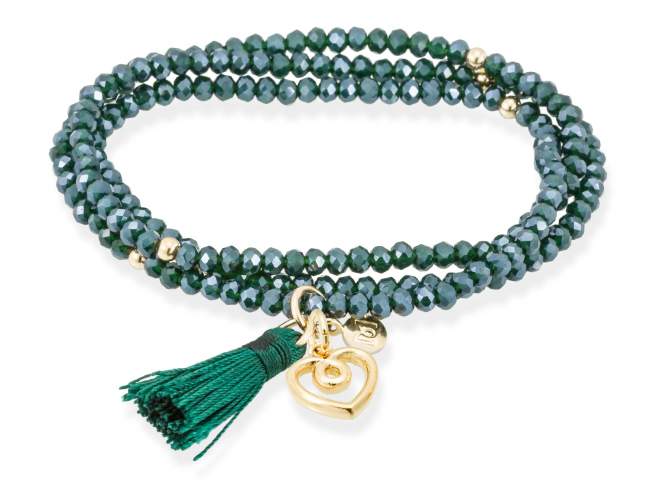 Bracelet ZEN DARK GREEN with Love charm de Marina Garcia Joyas en plata Bracelet in 925 sterling silver plated with 18kt yellow gold, with elastic silicone band and faceted strass glass, with Love charm. Medium size 17 cm. (51 cm total)