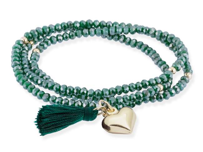 Bracelet ZEN DARK GREEN with heart charm de Marina Garcia Joyas en plata Bracelet in 925 sterling silver plated with 18kt yellow gold, with elastic silicone band and faceted strass glass, with heart charm. Medium size 17 cm. (51 cm total)