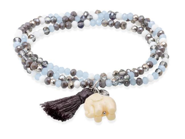 Bracelet ZEN ICE BLUE with elephant de Marina Garcia Joyas en plata Bracelet in 925 sterling silver rhodium plated, with elastic silicone band and faceted strass glass, with resin elephant. Medium size 17 cm. (51 cm total)