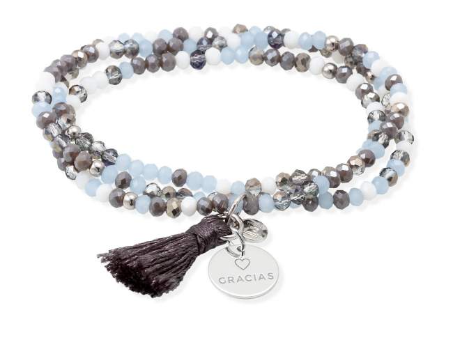 Bracelet ZEN ICE BLUE with Gracias medal de Marina Garcia Joyas en plata Bracelet in 925 sterling silver rhodium plated, with elastic silicone band and faceted strass glass, with Gracias medal. Medium size 17 cm. (51 cm total)
