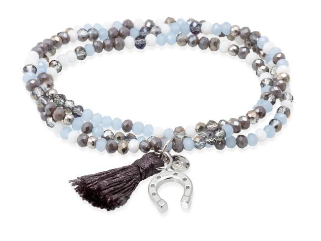 Bracelet ZEN ICE BLUE with horseshoe de Marina Garcia Joyas en plata Bracelet in 925 sterling silver rhodium plated, with elastic silicone band and faceted strass glass, with horseshoe. Medium size 17 cm. (51 cm total)