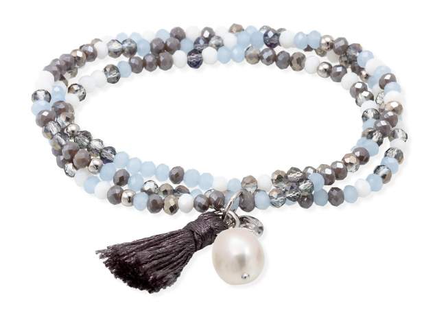 Bracelet ZEN ICE BLUE mit perle de Marina Garcia Joyas en plata Armband in Silber (925) rhodiniert, mit elastischem Silikonband und facettiertem Strassglas, mit natürliche Süßwasserperle. Mittel 17 cm. (51 cm insgesamt)