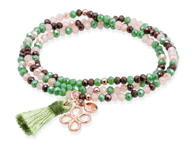 Bracelet ZEN AFTER EIGHT with lucky clover de Marina Garcia Joyas en plata Bracelet in 18kt rose gold plated 925 sterling silver, with elastic silicone band and faceted strass glass, with lucky clover. Medium size 17 cm. (51 cm total)