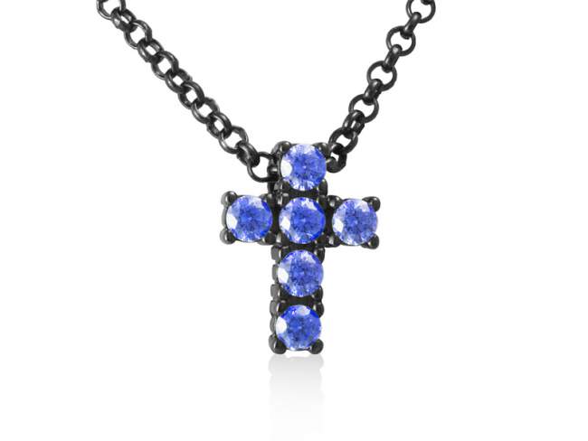 Pendant BAD Blue in black Silver de Marina Garcia Joyas en plata Cross in ruthenium plated 925 sterling silver and cubic zirconia (Chain is not included)
