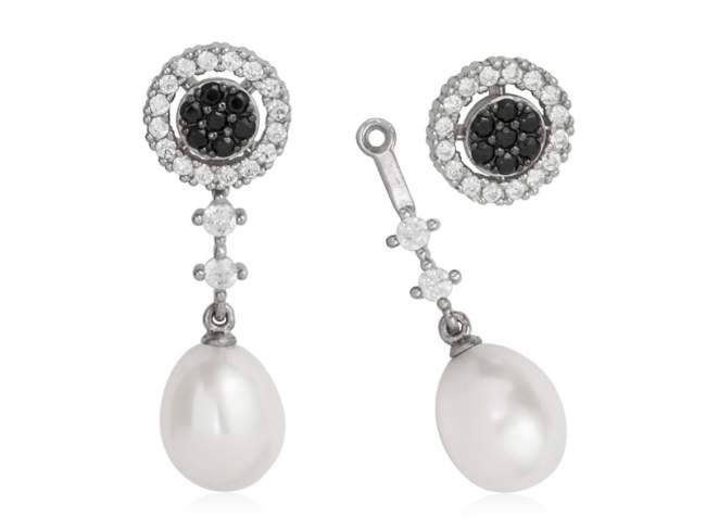 Earrings NOA Black in silver de Marina Garcia Joyas en plata Earrings in rhodium plated 925 sterling silver, with white cubic zirconia, with synthetic black spinel and freshwater cultured pearls.  