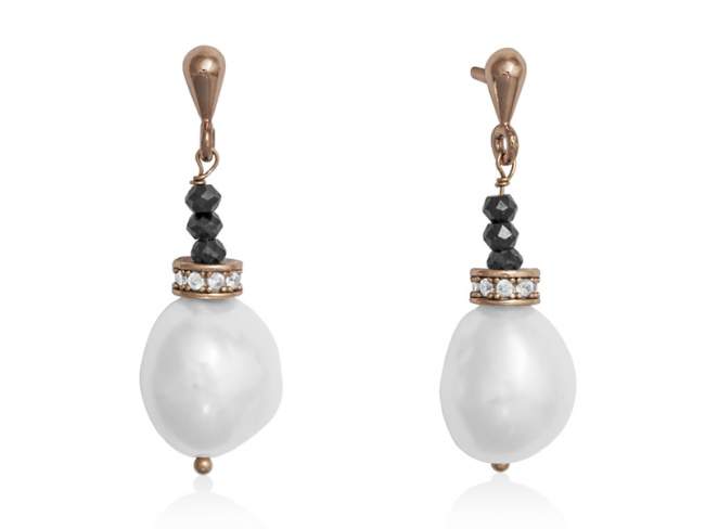 Earrings DANTE in rose Silver de Marina Garcia Joyas en plata Earrings in 18kt rose gold plated 925 sterling silver with faceted black spinels, white cubic zirconia and freshwater cultured pearls.