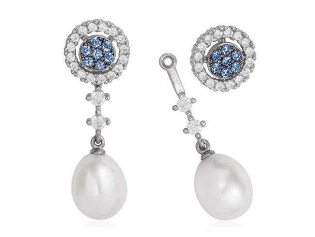 Earrings NOA Blue in silver de Marina Garcia Joyas en plata Earrings in rhodium plated 925 sterling silver with white cubic zirconia, synthetic blue spinel and freshwater cultured pearls.  