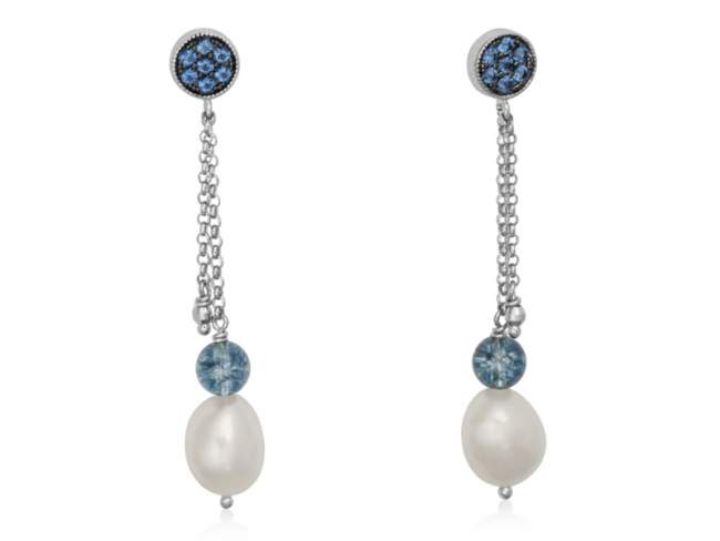 Earrings LONG IRIS Blue in silver de Marina Garcia Joyas en plata Earrings in rhodium plated 925 sterling silver with synthetic blue spinel, faceted blue hydrothermal quartz and freshwater cultured pearls.  