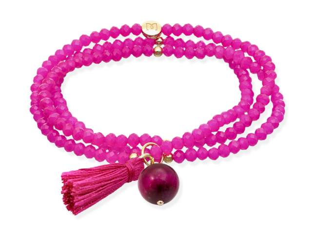 Bracelet ZEN FUCHSIA with gemstone de Marina Garcia Joyas en plata Bracelet in 925 sterling silver plated with 18kt yellow gold, with elastic silicone band and faceted strass glass, with fuchsia Agate. Medium size 17 cm. (51 cm total)