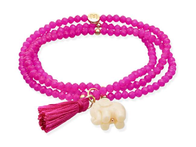 Bracelet ZEN FUCHSIA with elephant de Marina Garcia Joyas en plata Bracelet in 925 sterling silver plated with 18kt yellow gold, with elastic silicone band and faceted strass glass, with resin elephant. Medium size 17 cm. (51 cm total)