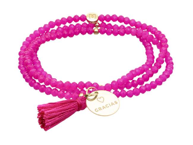 Bracelet ZEN FUCHSIA with Gracias medal de Marina Garcia Joyas en plata Bracelet in 925 sterling silver plated with 18kt yellow gold, with elastic silicone band and faceted strass glass, with Gracias medal. Medium size 17 cm. (51 cm total)