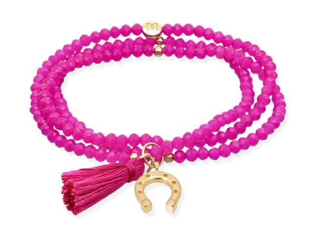 Bracelet ZEN FUCHSIA with horseshoe de Marina Garcia Joyas en plata Bracelet in 925 sterling silver plated with 18kt yellow gold, with elastic silicone band and faceted strass glass, with horseshoe. Medium size 17 cm. (51 cm total)