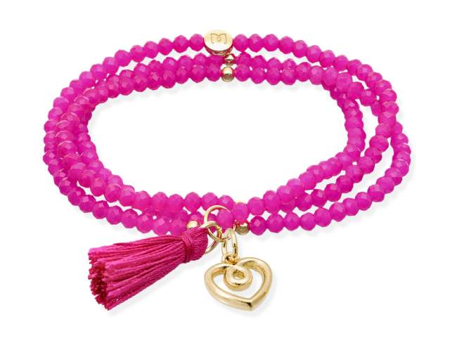 Bracelet ZEN FUCHSIA with Love charm de Marina Garcia Joyas en plata Bracelet in 925 sterling silver plated with 18kt yellow gold, with elastic silicone band and faceted strass glass, with Love charm. Medium size 17 cm. (51 cm total)