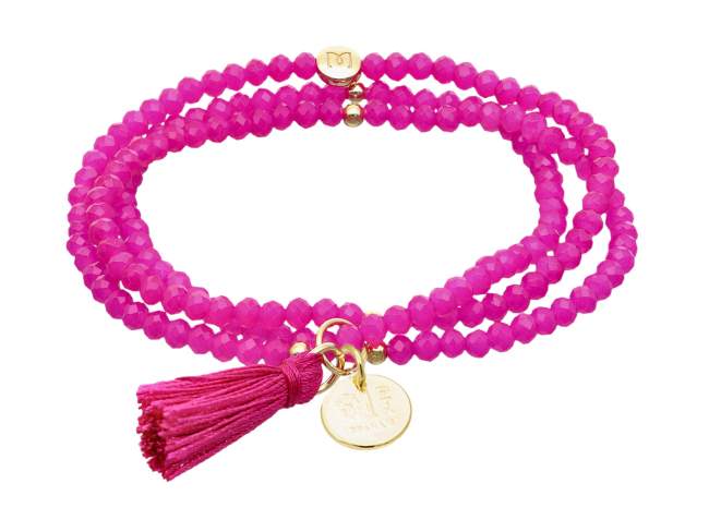 Bracelet ZEN FUCHSIA with peseta charm de Marina Garcia Joyas en plata Bracelet in 925 sterling silver plated with 18kt yellow gold, with elastic silicone band and faceted strass glass, with peseta charm. Medium size 17 cm. (51 cm total)