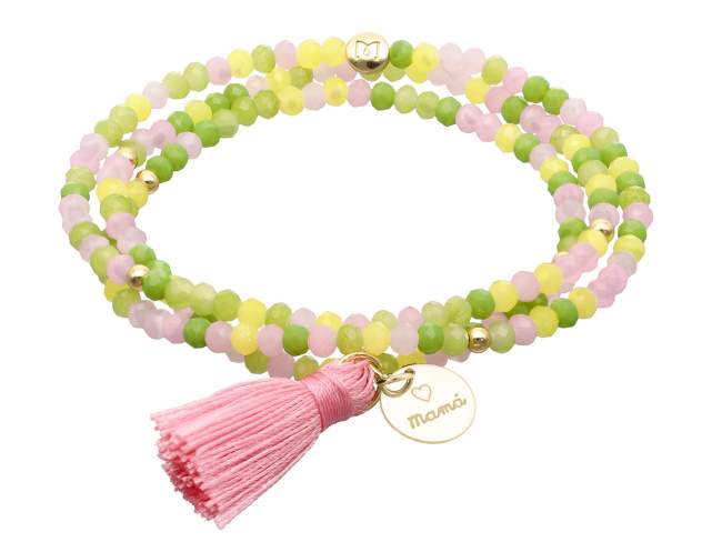 Bracelet ZEN BRITISH ROSE with Mamá medal de Marina Garcia Joyas en plata Bracelet in 925 sterling silver plated with 18kt yellow gold, with elastic silicone band and faceted strass glass, with Mamá medal. Medium size 17 cm. (51 cm total)