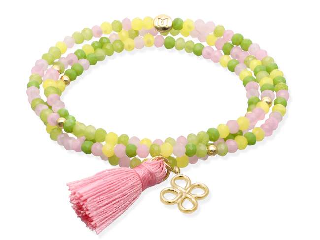 Bracelet ZEN BRITISH ROSE with lucky clover de Marina Garcia Joyas en plata Bracelet in 925 sterling silver plated with 18kt yellow gold, with elastic silicone band and faceted strass glass, with lucky clover. Medium size 17 cm. (51 cm total)