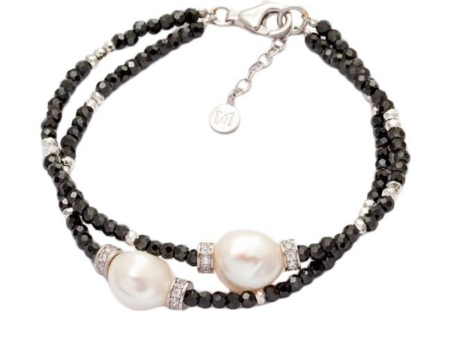 Bracelet ORION Pearl in silver de Marina Garcia Joyas en plata Bracelet in rhodium plated 925 sterling silver with white cubic zirconia, faceted black spinels and freshwater cultured pearls. (wrist size: 18,5+2 cm.)