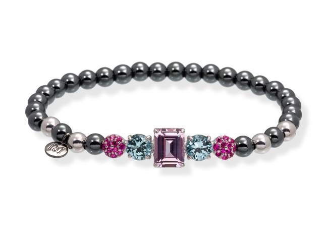 Bracelet PARADISE Pink in silver de Marina Garcia Joyas en plata Bracelet in rhodium plated 925 sterling silver, synthetic fuchsia sapphire, hematite, synthetic stone in aquamarine color and synthetic pink sapphire. (wrist size: 17 cm.)
