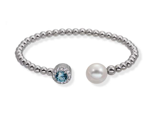 Bracelet MAUI Blue in silver de Marina Garcia Joyas en plata Bracelet in rhodium plated 925 sterling silver with white cubic zirconia, synthetic stone in aquamarine color and freshwater cultured pearl. (wrist size: 18 cm.)