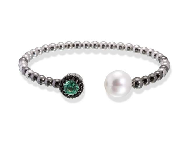 Bracelet MAUI Green in black silver de Marina Garcia Joyas en plata Bracelet in ruthenium and rhodium plated 925 sterling silver with synthetic black spinel, synthetic stone in emerald color and freshwater cultured pearl. (wrist size: 18 cm.)
