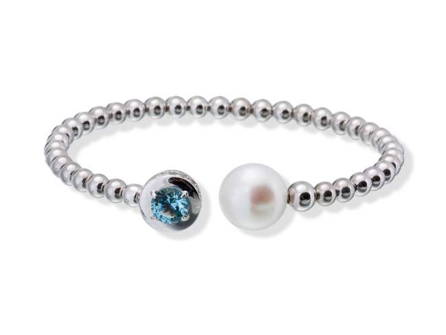 Bracelet MAUI Blue in silver de Marina Garcia Joyas en plata Bracelet in rhodium plated 925 sterling silver with white cubic zirconia, synthetic stone in aquamarine color and freshwater cultured pearl. (wrist size: 18.)