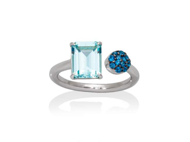 Ring PARADISE Blue in silver de Marina Garcia Joyas en plata Ring in rhodium plated 925 sterling silver, synthetic blue spinel and synthetic stone in aquamarine color.
