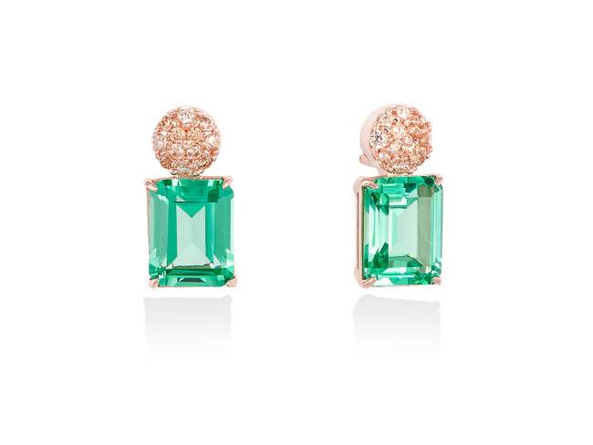 Earrings PARADISE Green in rose silver de Marina Garcia Joyas en plata Earrings in 18kt rose gold plated 925 sterling silver, cognac cubic zirconia and synthetic stone in emerald color. (size: 1,5 cm.)