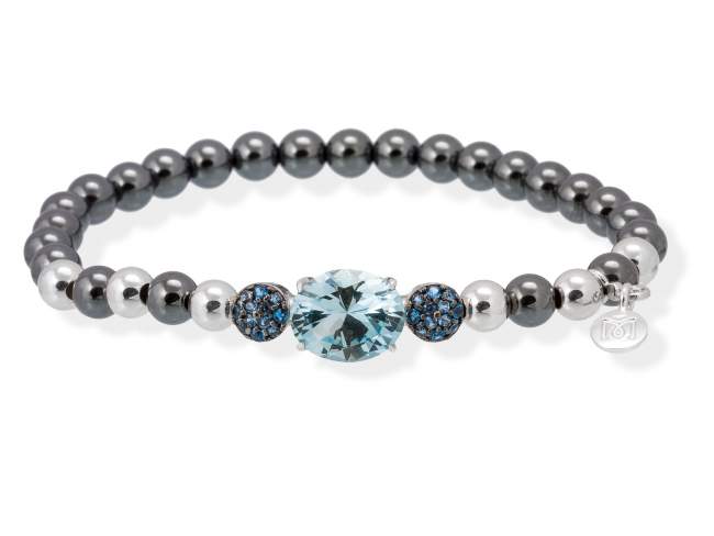 Bracelet PARADISE Blue in silver de Marina Garcia Joyas en plata Bracelet in rhodium plated 925 sterling silver, synthetic blue spinel, hematite and synthetic stone in aquamarine color. (wrist size: 17 cm.)