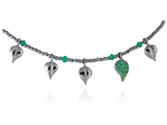 Halskette LEAVES Grün in silber geschwärzt de Marina Garcia Joyas en plata Halskette in Silber (925) mit Ruthenium Bad, Synthetischen Spinell grün und Hämatit. (Länge: 40+3 cm)