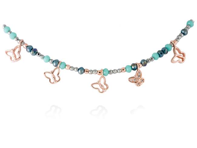 Necklace LEAVES Blue in rose silver de Marina Garcia Joyas en plata Necklace in 18kt rose gold plated 925 sterling silver, white cubic zirconia, hematite and faceted blue Strass glass. (length: 42+3 cm.)