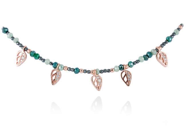 Necklace LEAVES Green in rose silver de Marina Garcia Joyas en plata Necklace in 18kt rose gold plated 925 sterling silver, white cubic zirconia, hematite and faceted 
