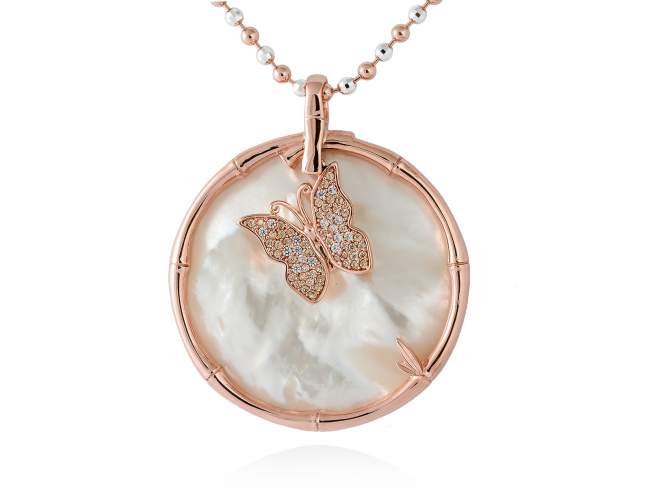 Pendant BAMBOO White in rose silver de Marina Garcia Joyas en plata Pendant in 18kt rose gold plated 925 sterling silver, cognac cubic zirconia, white cubic zirconia and white mother-of-pearl coin shape. (external diameter: 5,8 cm.)  (Chain is not included)