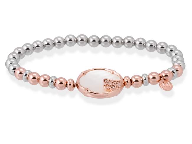 Bracelet BAMBOO White in rose silver de Marina Garcia Joyas en plata Bracelet in 18kt rose gold and rhodium plated 925 sterling silver, white cubic zirconia and white mother-of-pearl coin shape. (wrist size: 17 cm.)