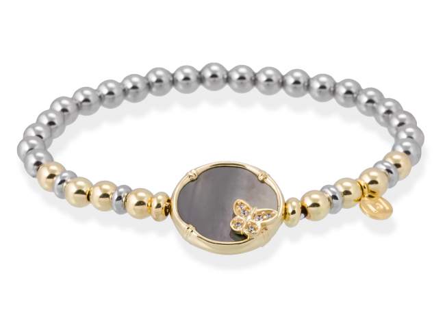 Bracelet BAMBOO Grey in golden silver de Marina Garcia Joyas en plata Bracelet in 18kt yellow gold and rhodium plated 925 sterling silver, white cubic zirconia and black mother-of-pearl coin shape. (wrist size: 17 cm.)