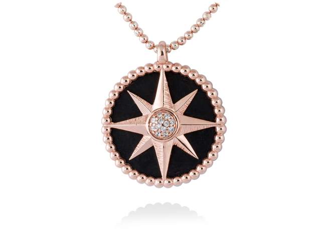 Pendant MOON Black in rose silver de Marina Garcia Joyas en plata Pendant in 18kt rose gold plated 925 sterling silver, white cubic zirconia and black onyx. (external diameter: 2,8  cm.)  (Chain is not included)