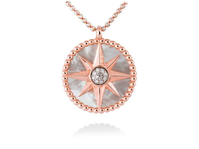Pendant MOON White in rose silver de Marina Garcia Joyas en plata Pendant in 18kt rose gold plated 925 sterling silver, white cubic zirconia and white mother-of-pearl coin shape. (external diameter: 2,8  cm.)  (Chain is not included)