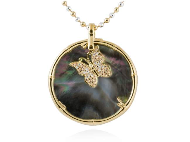 Pendant BAMBOO Grey in golden silver de Marina Garcia Joyas en plata Pendant in 18kt yellow gold plated 925 sterling silver, cognac cubic zirconia, white cubic zirconia and black mother-of-pearl coin shape. (external diameter: 5,8 cm.)  (Chain is not included)