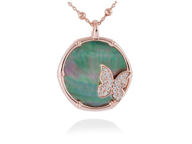 Pendant BAMBOO Grey in rose silver de Marina Garcia Joyas en plata Pendant in 18kt rose gold plated 925 sterling silver, white cubic zirconia and black mother-of-pearl coin shape. (external diameter: 3 cm.)  (Chain is not included)