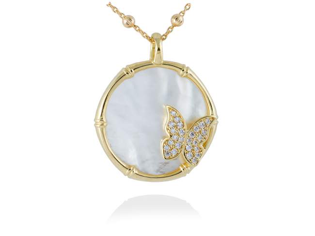 Pendant BAMBOO White in golden silver de Marina Garcia Joyas en plata Pendant in 18kt yellow gold plated 925 sterling silver, white cubic zirconia and white mother-of-pearl coin shape. (external diameter: 3 cm.)  (Chain is not included)