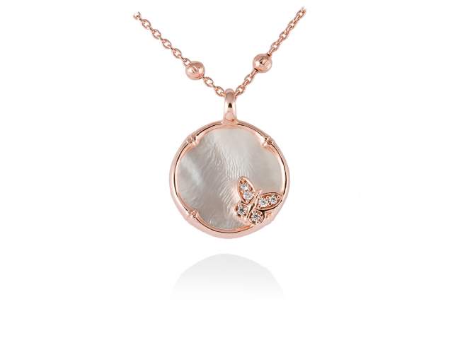 Necklace BAMBOO White in rose silver de Marina Garcia Joyas en plata Necklace in 18kt rose gold plated 925 sterling silver, white cubic zirconia and white mother-of-pearl coin shape. (Length of necklace: 42+3 cm. Size of pendant: 1,9 cm.)