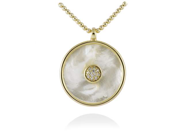 Pendant MOON White in golden silver de Marina Garcia Joyas en plata Pendant in 18kt yellow gold plated 925 sterling silver, white cubic zirconia and white mother-of-pearl coin shape. (external diameter: 2,8  cm.)  (Chain is not included)